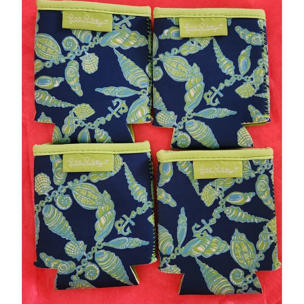 Lilly Pulitzer Can Koozies Set of 4 Insulated Drink Holder Blue Green Seashells